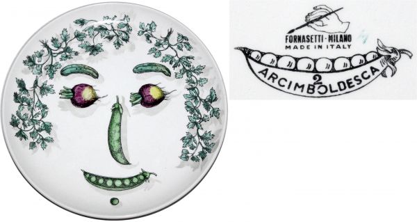 Tonteller v. P. Fornasetti Pottery Arcimboldesca-Motiv ca. 1955-60. Gemüsegesichtsteller aus einer Serie von 12 versch. Motiven. Durchm. 23,03 cm. Rückseite Henkel, Stempel 