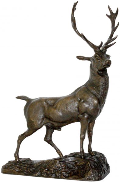 Bronzene Hirschskulptur. Höhe 45 cm. Unsigniert