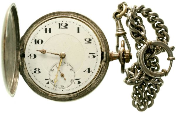Herren-Savonette ab 1905. Hersteller Eterna, Schweiz. Silber 800. 52 mm. Mit Uhrenkette, Länge 20 cm. Glas fehlt, Gehäuse Kratzer, sonst technisch und optisch intakt