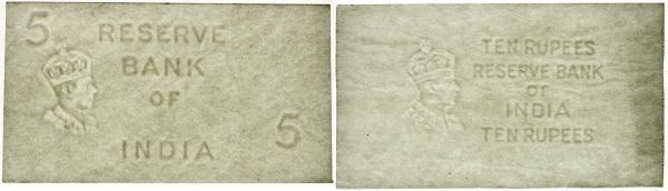 Reserve Bank of India, 5 und 10 Rupien 1937 als Blinddruck. Nur Wasserzeichenpapier. I-II, sehr selten