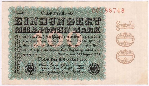 100 Mio. Mark 22.08.1923. Kn. 8-stellig, Wz. Ringe., Fz. CD. II+