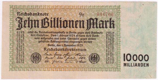 10 Bio. Mark 1.11.1923. Kn. 6-stellig braun, Serie E schwarz. II-