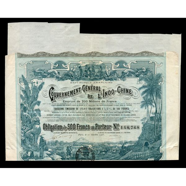 Indochine, GOUVERNEMENT GENERAL DE L'INDO-CHINE, obligation de 500 francs au porteur  1905