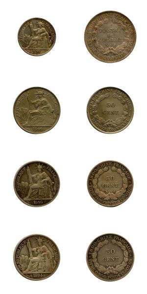 Indochine, Lot de 3 monnaies de 50 centimes (1894, 1895, 1946) et 1 piastre (1910)  TTB