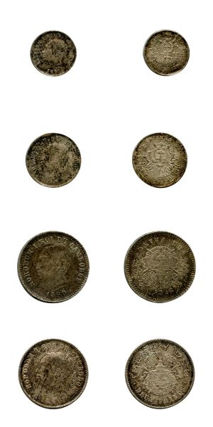 Cambodge, Royaume du Cambodge, Norodom Ier (1860-1904), Série de 4 monnaies 25c (1,4g), 50c (1,5g), 1 fr (4,1g) et 2 fr (7,4g) 1860 (Argent), probablement émission de Phnom-Penh en 1899 (Re KM Kampuchea p1908)  Rare  TTB/SUP