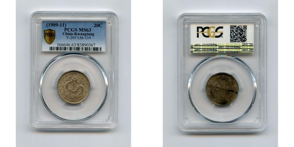 Chine, Kwangtung, 20 cents 1909-11 (Y 205, LM-139)  PCGS MS63