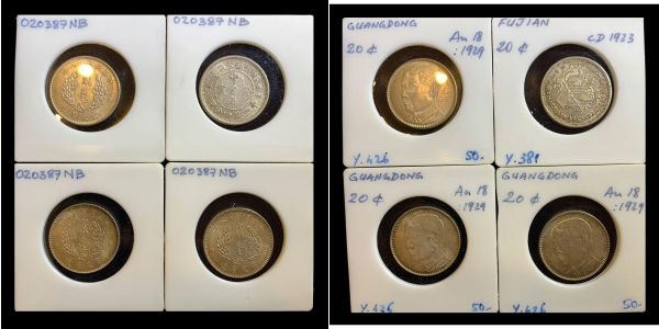 Chine, Lot de 4 pièces de 20 cents, 3 Gaungdong (Y 486) et 1 Futjian (1923, Y 381)  TTB/SUP