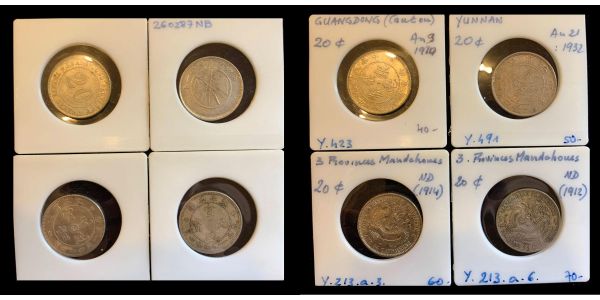 Chine, Lot de 4 pièces de 20 cents, 2 province mandchoues (1912, 1914, Y213), Yunnan (1922, Y491) et Gongdong (an 9, Y423)  TB/TTB