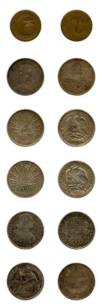 Chine, Lot de 6 monnaies avec contremarques chinoises (5 am modèle de l'écu, 1 en bronze)  TB/TTB