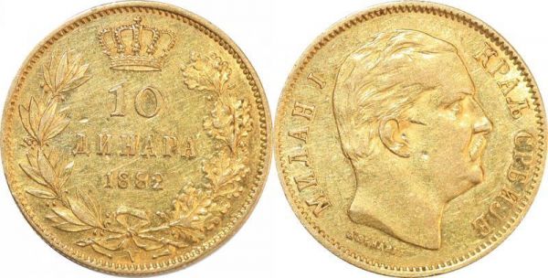 Serbia 10 Dinara Milan I 1882 V Or Gold AU 