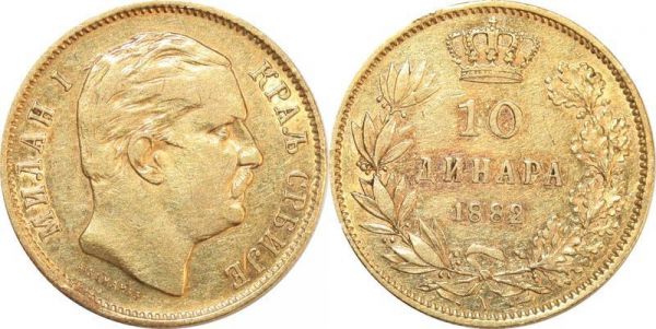 Serbia 10 Dinara Milan I 1882 V Or Gold AU 