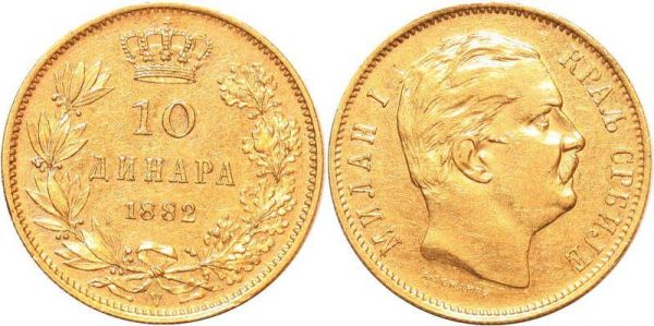 Serbia 10 Dinara Milan I 1882 V Vienna Or Gold AU 