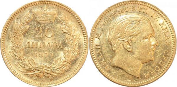 Serbia 20 Dinara Milan Obrenovich IV 1879 Or Gold AU 