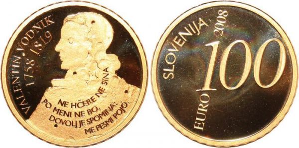 Slovenia 100 Euros 250 years birth Valentin Vodnik 2008 Or Gold PROOF