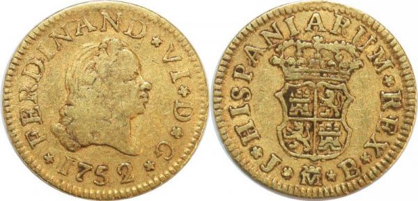 Spain 1/2 Escudo Ferdinand VI 1752 M JB Or Gold 