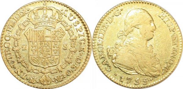 Spain 2 Escudos Carlos IV 1799 M MF Madrid Or Gold 