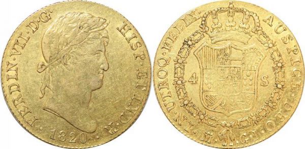Spain 4 Escudos Ferdinand VII 1820 M GJ Madrid Or Gold XF 