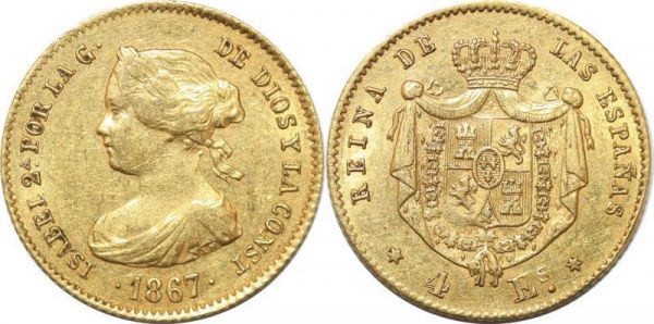 Spain 4 Escudos Isabel II 1867 Madrid Or Gold 