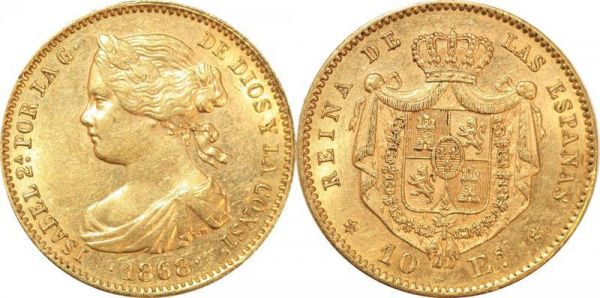 Spain 10 Escudos Isabel II 1868 Madrid Or Gold AU 