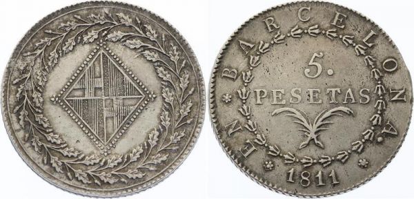 Spain Joseph Napoléon 5 pesetas 1812 Barcelone AU 
