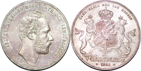 Sweden 4 Riksdaler 1864-ST Stockholm Mint Karl XV Silver UNC 