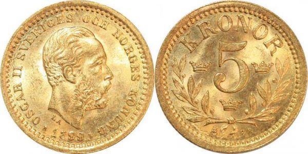 Sweden 5 Kronor Oscar II 1899 EB Stockholm Or Gold BU 