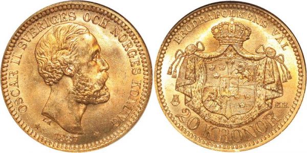 Sweden 20 Kronor Oscar II 1887 EB Or Gold NGC MS 65 