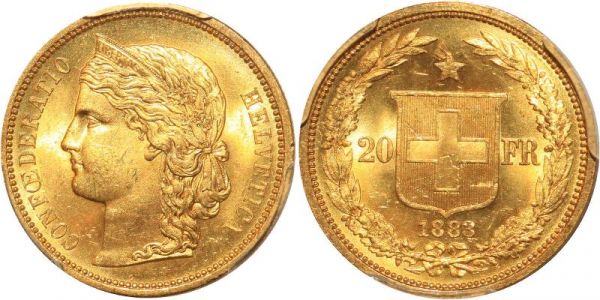 Switzerland 20 Francs Helvetia 1883 Or Gold PCGS MS64 