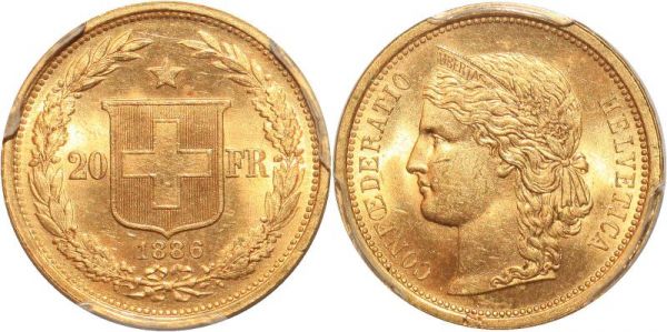 Switzerland 20 Francs Helvetia 1886 Or Gold PCGS MS64 