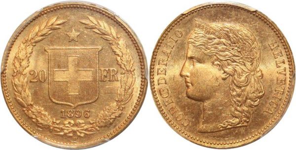 Switzerland 20 Francs Helvetia 1896 Berne Or Gold PCGS MS64 