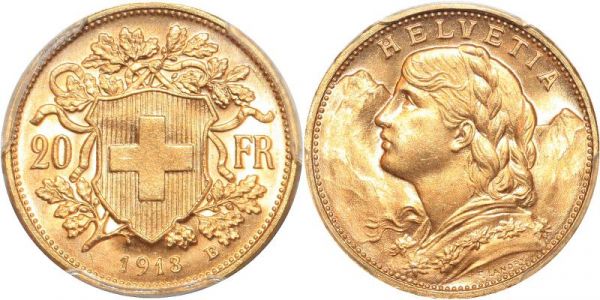 Switzerland 20 Francs Helvetia 1913 Berne Or Gold PCGS MS66 