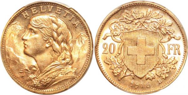 Switzerland 20 Francs Helvetia 1915 Berne Or Gold PCGS MS66 