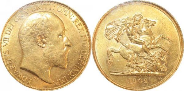 United Kingdom 5 £ Pounds Edward VII 1902 Or Gold PCGS AU58 