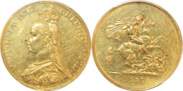 United Kingdom 5 £ Pounds Victoria 1887 Or Gold PCGS AU55 