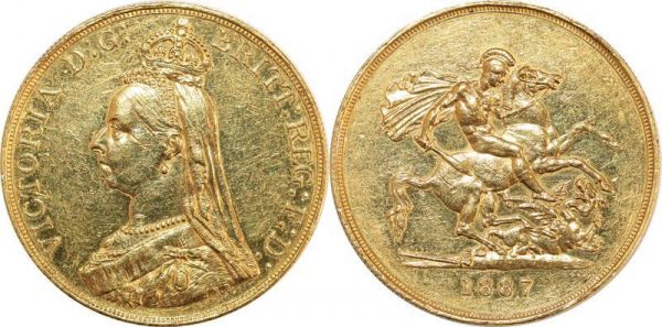 United Kingdom 5 £ Pounds Victoria 1887 Or Gold 