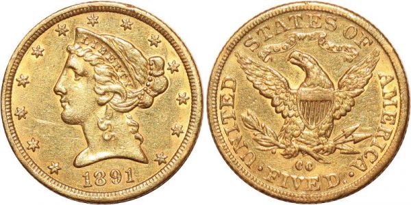 United States 5 Dollars Liberty 1891 CC Carston City Or Gold AU 