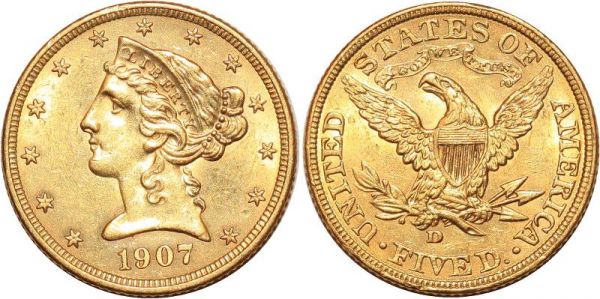 United States 5 Dollars Liberty 1907 D Denver Or Gold UNC 