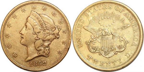 United States 20 Dollars Liberty Or Gold 1852 RPD FS-301 Double Die 