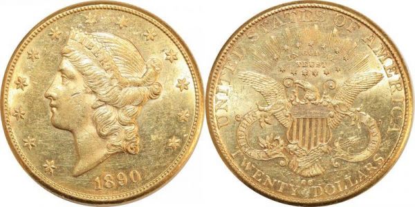 United States 20 Dollars Liberty Head 1890 CC Carston City Or Gold UNC 