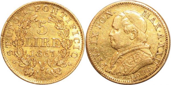 Vatican 5 Lire Pio IX 1867 Roma Or Gold AU 