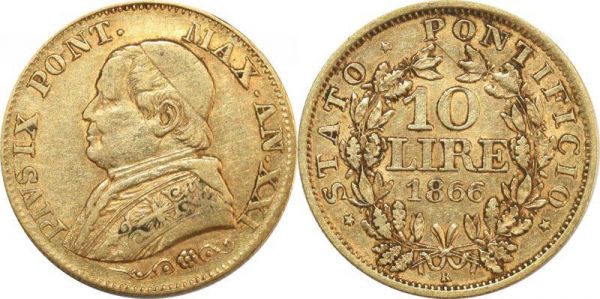 Vatican 10 Lire Pius IX 1866 R Rome Or Gold