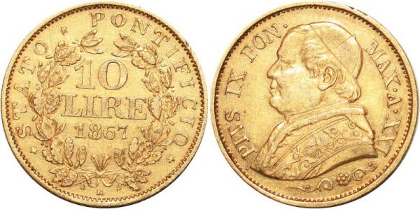 Vatican 10 Lire Pio IX 1867 Roma Or Gold AU 