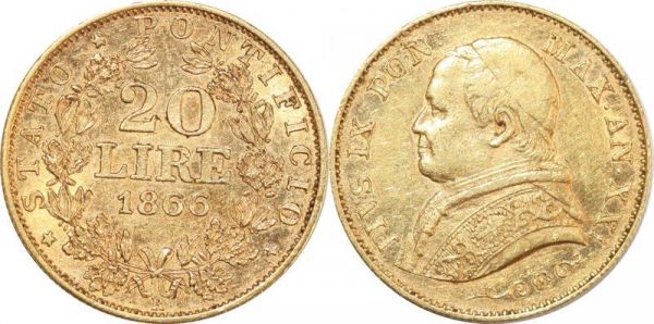 Vatican 20 Lire Pius IX 1866 R Rome XXI Or Gold AU 