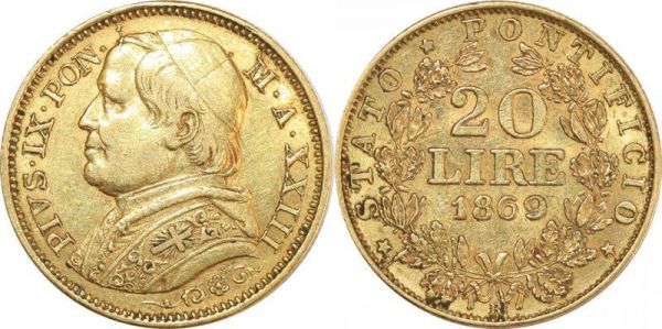 Vatican 20 Lire Pius IX 1869 R Rome Or Gold 