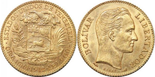 Venezuela 20 Bolivares Bolivar 1912 Barre Paris Or Gold UNC 