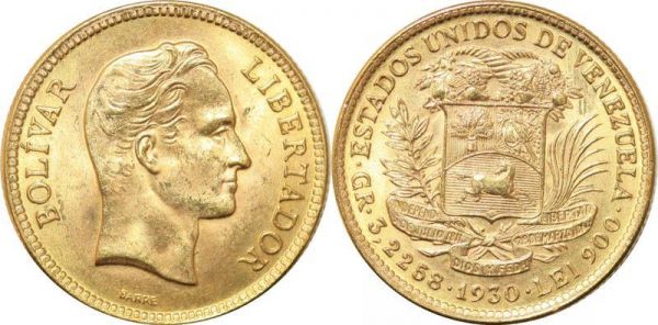 Venezuela 10 Bolivares Bolivar 1930 Philadelphia Or Gold UNC 