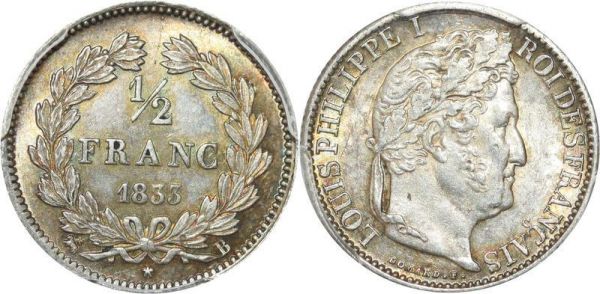 LAST CHANCE France 1/2 Franc Louis Philippe I 1833 B Rouen PCGS MS62