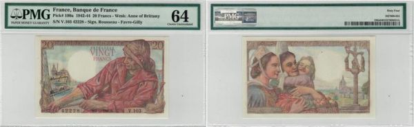 LAST CHANCE France 20 Francs 1942-44 Pick# 100a PMG 64