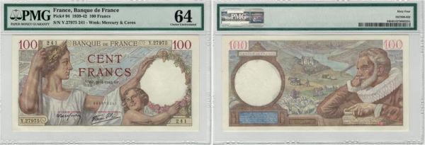 LAST CHANCE France 100 Francs 1939-42 Pick# 94 PMG 64