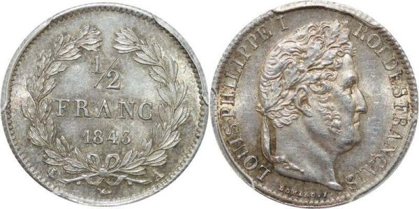 LAST CHANCE France 1/2 Franc Louis Philippe I 1843 A Paris PCGS MS62